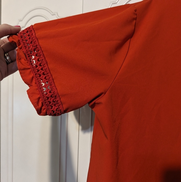 Vivid orange embroidered shirt white & blue flowers boho bright short sleeve top - Picture 8 of 8